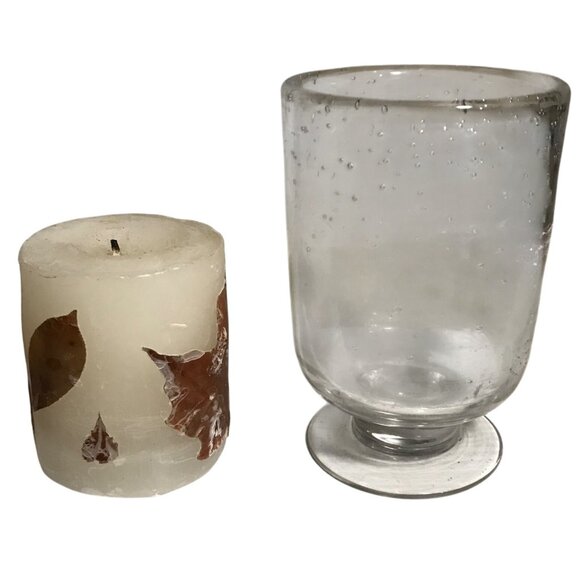 Glass Hurricane Candle Holder With Leaf Decorated Pillar Candle Set - Picture 1 of 10